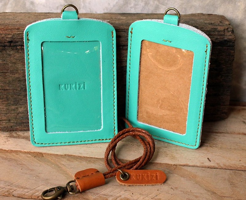 ID case / Key card case / Pass case - ID 2 -- Mint Green + Tan Lanyard - ID & Badge Holders - Genuine Leather 