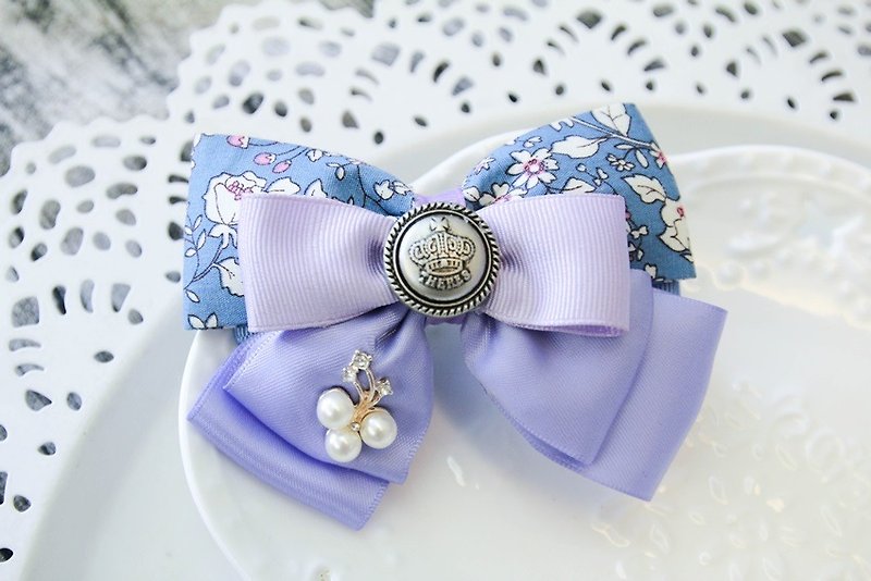 French blue and flower bow clip - Hair Accessories - Cotton & Hemp Blue
