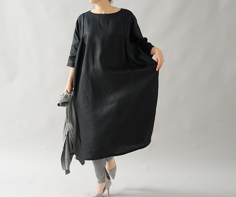 wafu - 純亞麻洋裝 Lightweight Linen Secret-pattern Dress / Black a083a-bck1