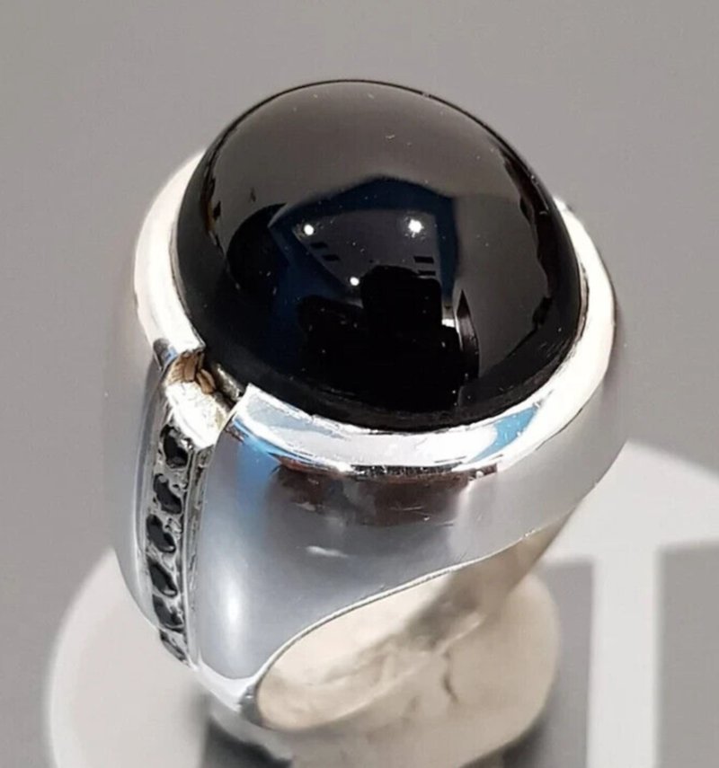 Mens Yemeni Aqeeq ring Pure shifat al abad Kabadi black Agate rings 925 Silver - General Rings - Gemstone Black