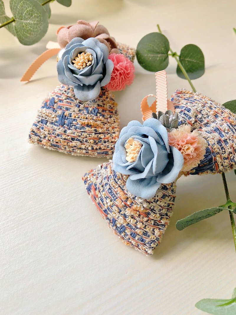 Imported cloth with flowers gauze ball parent-child mother hair clip ponytail folder (pair of sales) - Hair Accessories - Plants & Flowers Blue