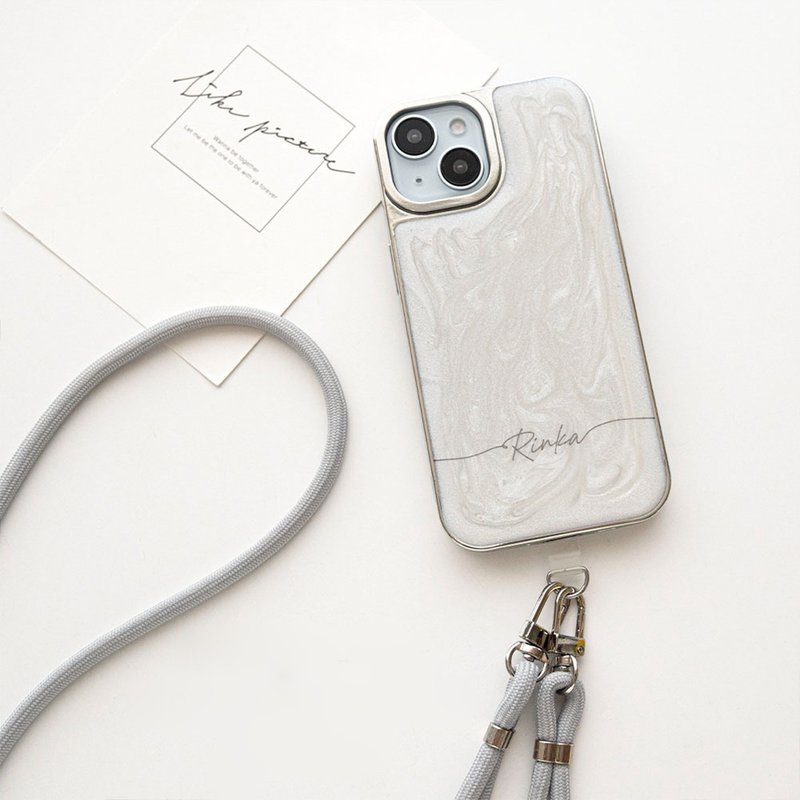 【 大理石 亮粉 背蓋 名稱雕刻 】 手機掛繩 手機殼 金屬銀 附零件 JZ01U - 手機殼/手機套 - 樹脂 白色