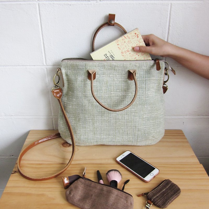 Crossbody Curve Bags Hand woven and Botanical dyed Cotton Green Color 斜背包 - Messenger Bags & Sling Bags - Cotton & Hemp Green