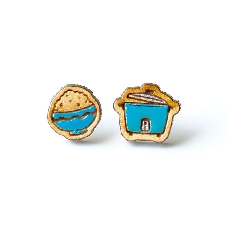 Painted wood earrings-Rice Cooker (blue) - ต่างหู - ไม้ สีน้ำเงิน