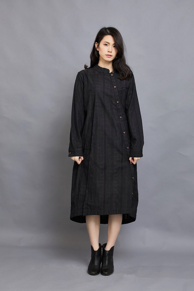 Bamboo long-sleeved shirt dress _ ink gray jacquard _ fair trade - One Piece Dresses - Cotton & Hemp Black
