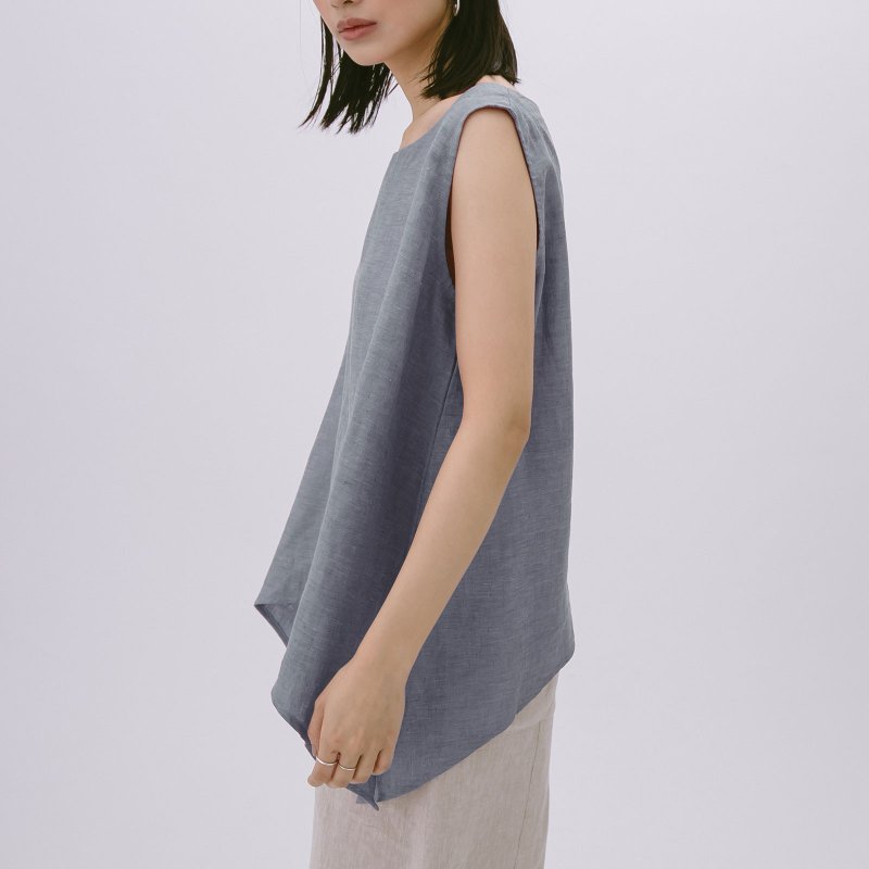 Curved hem vest - gray blue - เสื้อกั๊กผู้หญิง - ผ้าฝ้าย/ผ้าลินิน สีน้ำเงิน