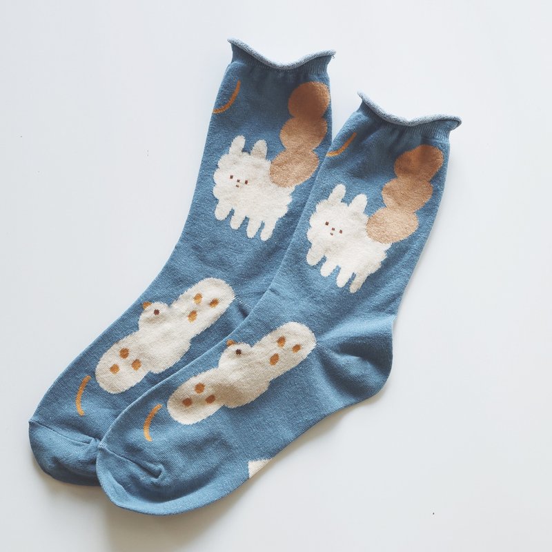 Bird and Cloud – Blue - Yohand Socks - ถุงเท้า - ผ้าฝ้าย/ผ้าลินิน สีน้ำเงิน