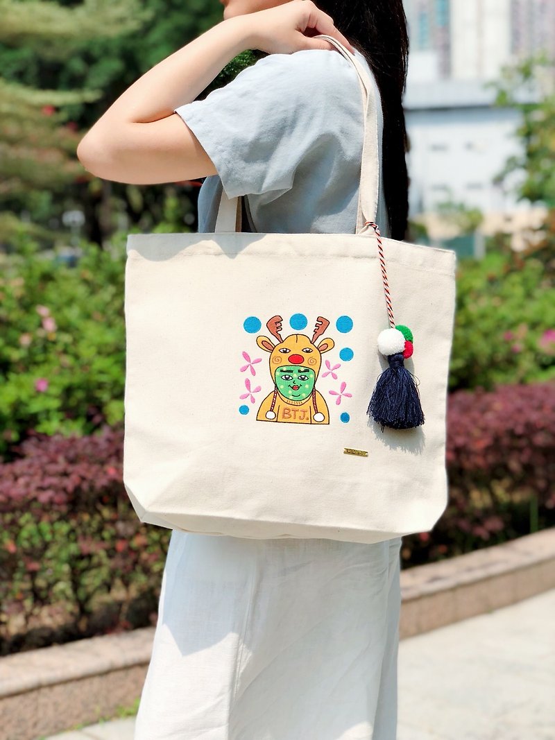 Belongs To J. Embroidery Tote-bag - Mr. Fat Fat's smile - Messenger Bags & Sling Bags - Cotton & Hemp White