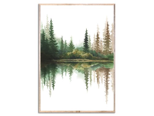 Nadya Ya Art Pine Trees Lake Print Foggy Forest Art Forest Lake Watercolor Painting Wall Art
