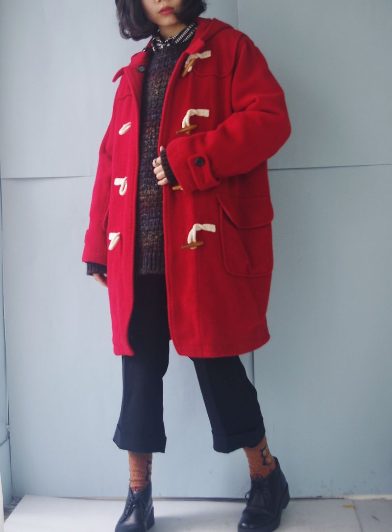 尋寶古著-學院紅色牛角釦毛料大衣 - 女大衣/外套 - 聚酯纖維 紅色