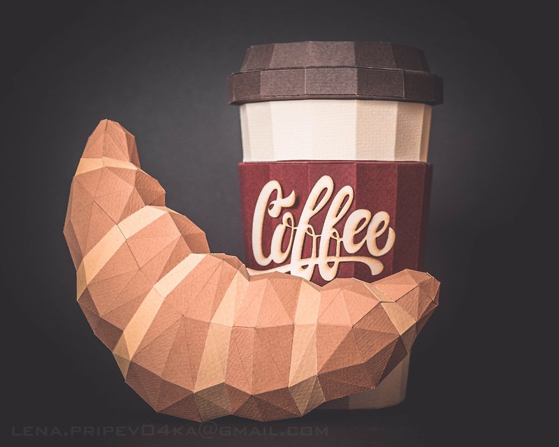 Coffee and Croissant model | DIY | Handmade | 3D Papercraft (Digital PDF) - เทมเพลต - วัสดุอื่นๆ 