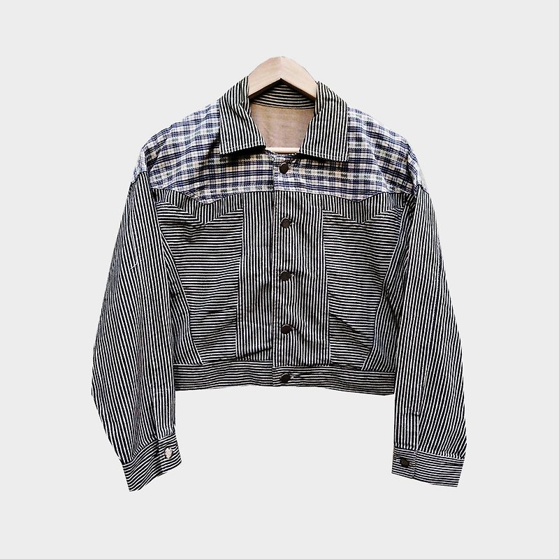 Detachable vintage / Plaid stitching denim jacket no.A03 vintage - เสื้อแจ็คเก็ต - ผ้าฝ้าย/ผ้าลินิน สีน้ำเงิน