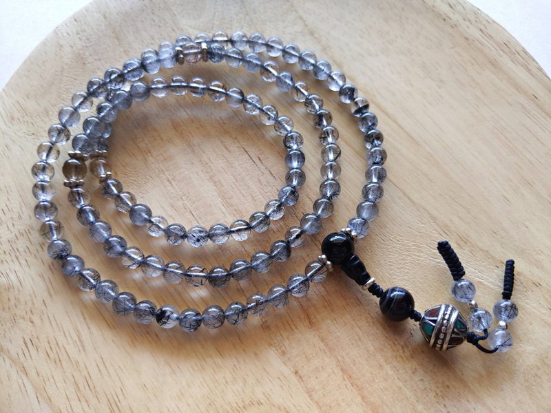 ORLI Jewelry 天然黑髮晶108顆念珠 尼泊爾純銀珠 天然石 - 項鍊 - 寶石 黑色