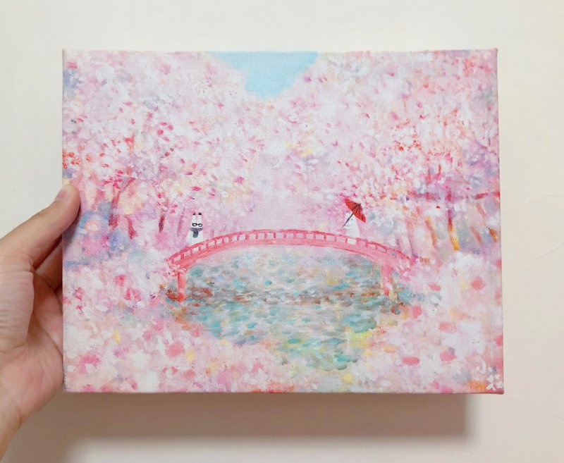 日系小兔子櫻花插畫複製畫油畫布連木框 - 掛牆畫/海報 - 顏料 粉紅色