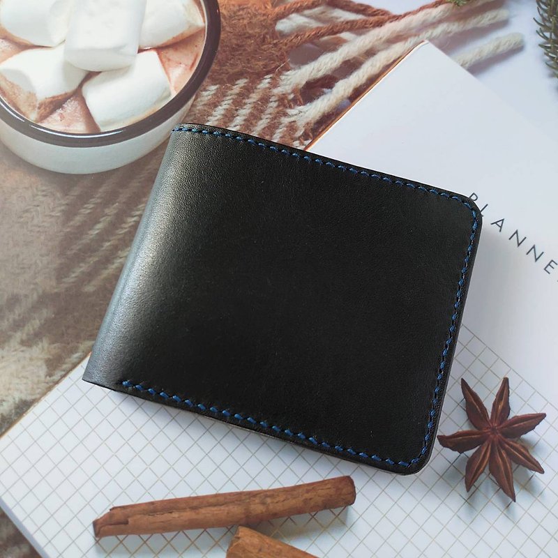 Basic leather short clip (black)-vegetable tanned leather-hand-stitched - Wallets - Genuine Leather 