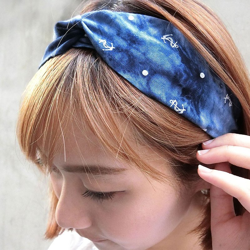 [Shell art] dark blue anchor rendering hair band - Hair Accessories - Cotton & Hemp Blue