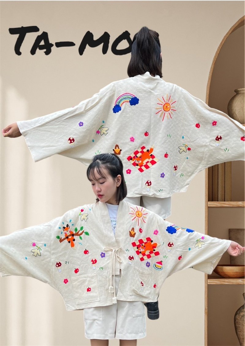 Kimono red fox hand embroidery - Women's Casual & Functional Jackets - Cotton & Hemp 