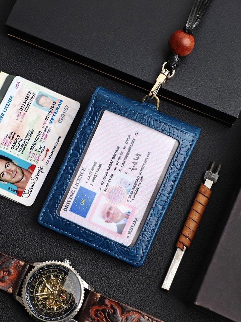 Genuine Leather Card Holder Bag Handmade Credit Card Slot Badge Card Case - ID & Badge Holders - Genuine Leather Blue
