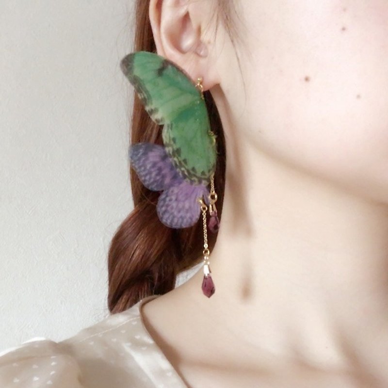 One shot butterfly earrings Harajuku kawaii girly vintage - ต่างหู - ผ้าไหม สีเขียว