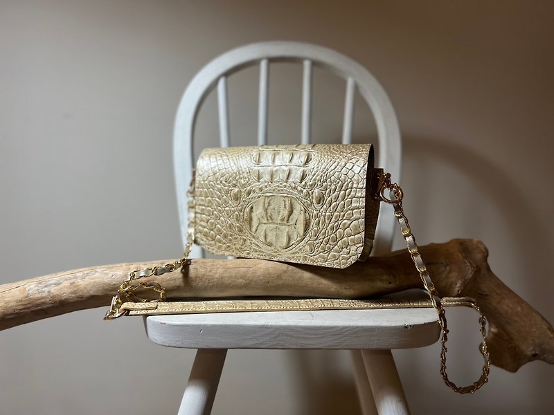 Crocodile Texture/Embossed 3D/Clutch/Evening/Shoulder/Satchel/Hand - Messenger Bags & Sling Bags - Genuine Leather Gold