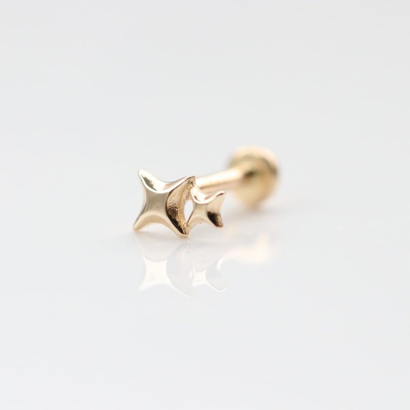 14K double star bead lock earrings (front lock flat bottom round cake) (single) ear bone and ear socket will not fade - ต่างหู - เครื่องประดับ สีทอง