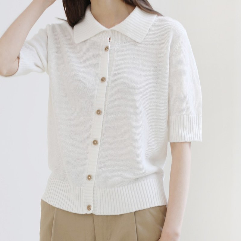 KOOW 100% linen five-point sleeve French lapel polo shirt spring and summer knitted sweater cardigan - Women's Sweaters - Cotton & Hemp 