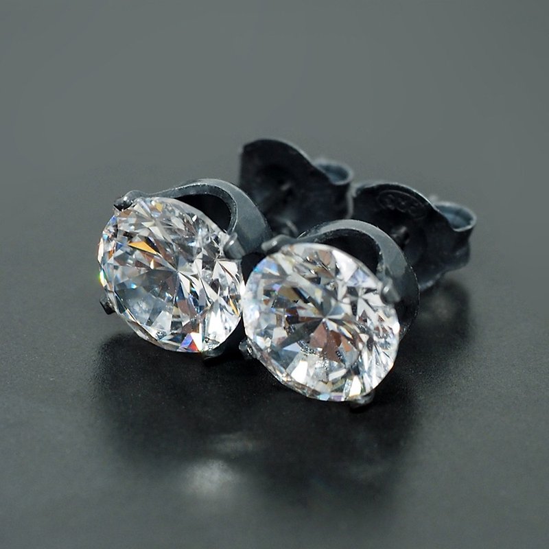 White Cubic Zirconia Stud Earrings - Black Sterling Silver - 4mm, 6mm, 8mm Round - Earrings & Clip-ons - Other Metals White