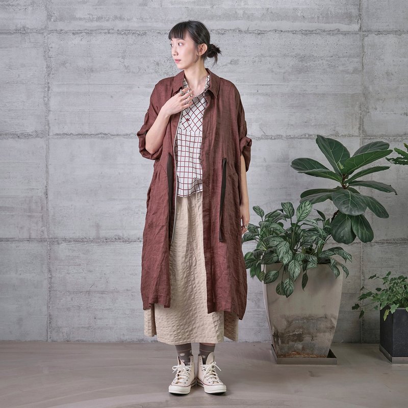 涼爽苧麻拉鍊翻領長外套 - 女大衣/外套 - 棉．麻 咖啡色