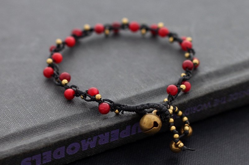 Coral Stone Brass Petite Cute Woven Beaded Bracelets Dotty - สร้อยข้อมือ - หิน สีแดง