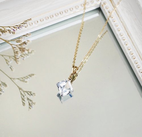 LE LOISIR 小時光設計飾物 純淨水方 白水晶菱形方形切面項鍊 美國注金14kgf