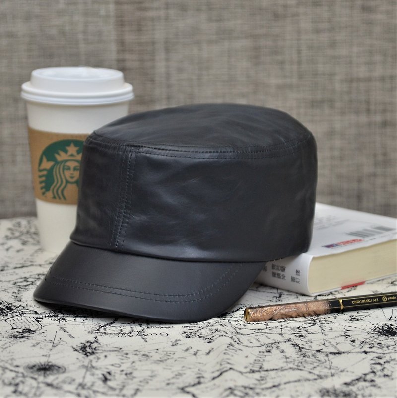 MAJORLIN 牛皮軍帽 透氣舒服 時尚新選擇 黑色百搭 質感耐用 - 帽子 - 真皮 黑色