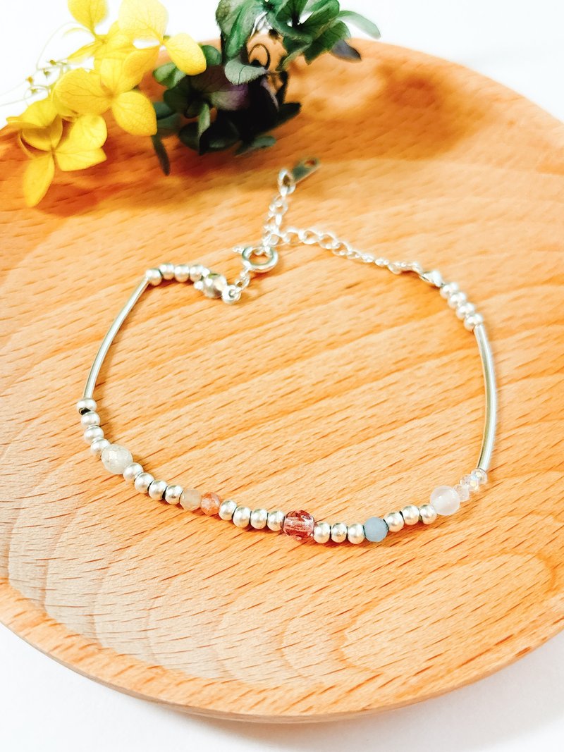 [Sterling Silver Beaded Bracelet] Sterling Silver Round Beads Sterling Silver Tube Natural Stone - Bracelets - Sterling Silver 