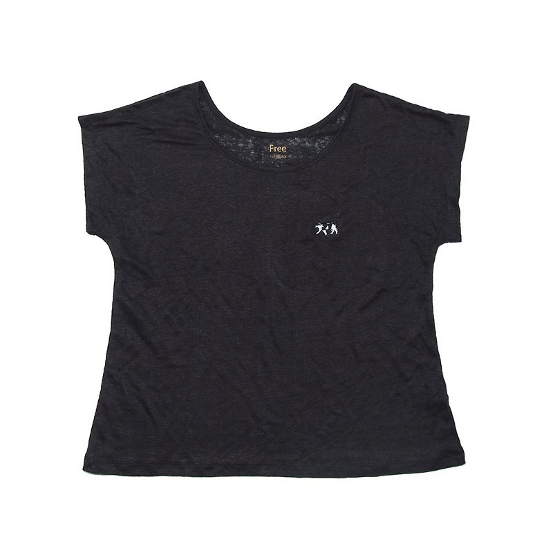リネンのサラサラ生地使用。かわいい刺繍の 歩く猫 Tシャツ　レディースフリー サイズ　Tcollector - Tシャツ - コットン・麻 ブラック