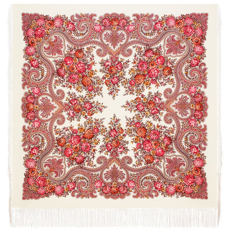 Pavlovo Posad Russian Shawl 100% Wool Scarf 125x125 cm Wrap Silk Fringe 2036-4 - 絲巾 - 羊毛 白色