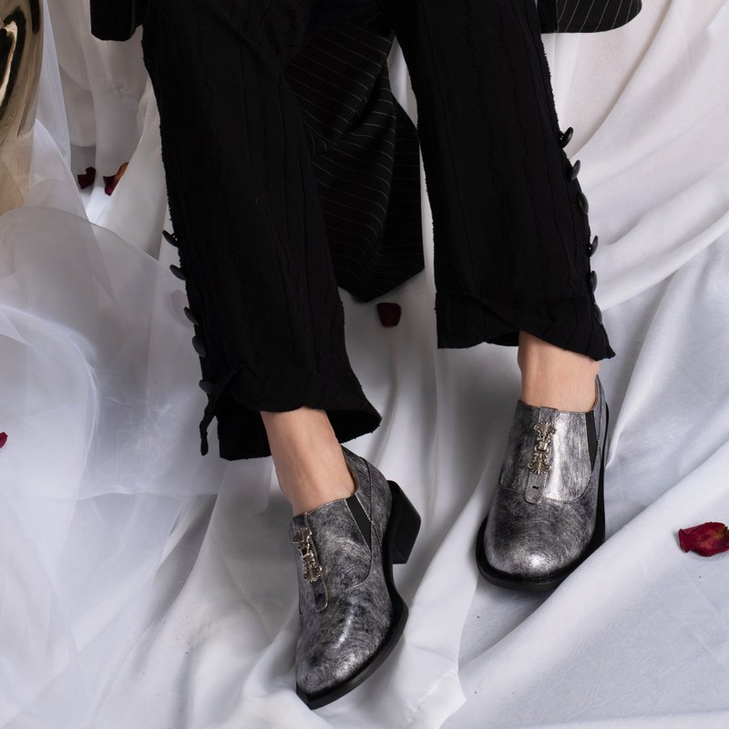 Round-Toe loafers-Silver - รองเท้าอ็อกฟอร์ดผู้หญิง - หนังแท้ สีเงิน