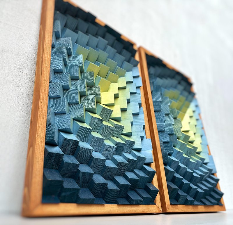 サウンドディフューザー 2 個セット - 3D 木製ウォールアート - 音響パネル - 音楽室の装飾 - ウォールデコ・壁紙 - 木製 ブルー