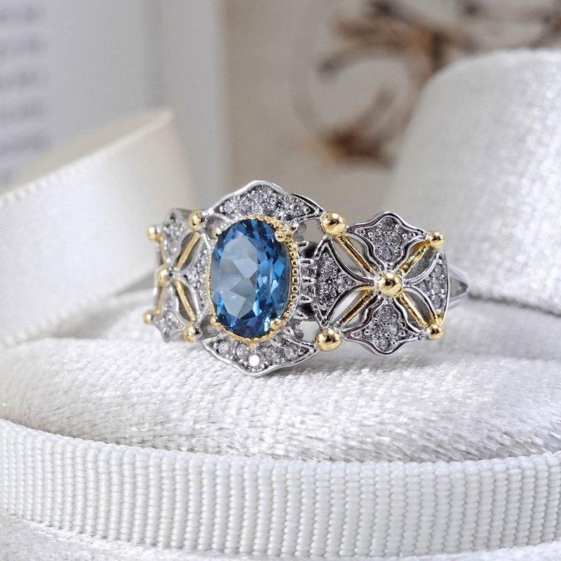 倫敦藍托帕石 皇家藍光澤 光澤閃耀 純銀戒 巴洛克風格 設計款 - 戒指 - 純銀 藍色