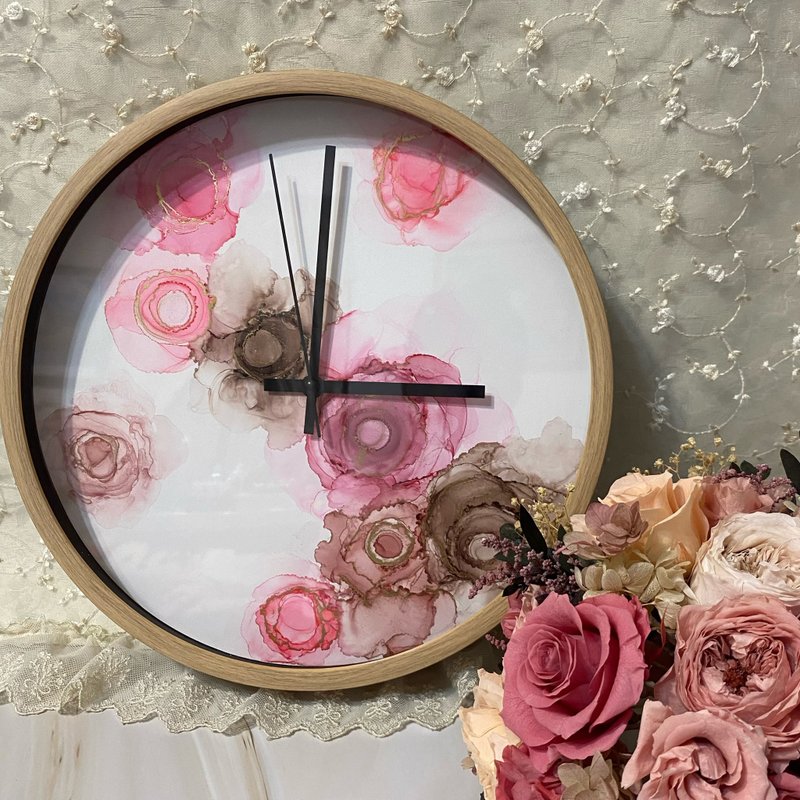 Pink Rose Garden Alcohol Ink Wood Grain Plastic Frame Big Clock - นาฬิกา - พลาสติก หลากหลายสี