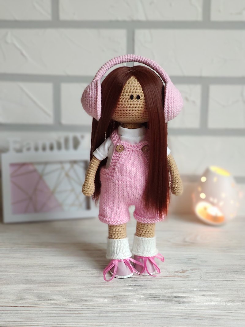 Amigurumi Crochet doll with earphones Hipster Interior doll Girl nursery decor - 嬰幼兒玩具/毛公仔 - 棉．麻 粉紅色