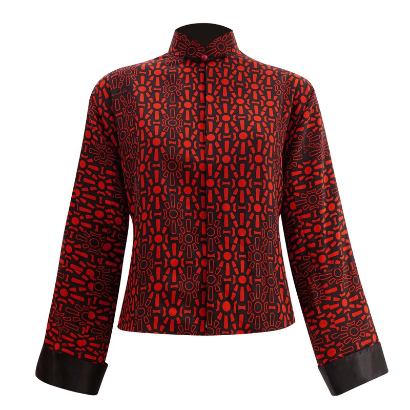 【GATE CARVING】100% Silk Mini Tang Jacket - Red Black - Women's Shirts - Silk 