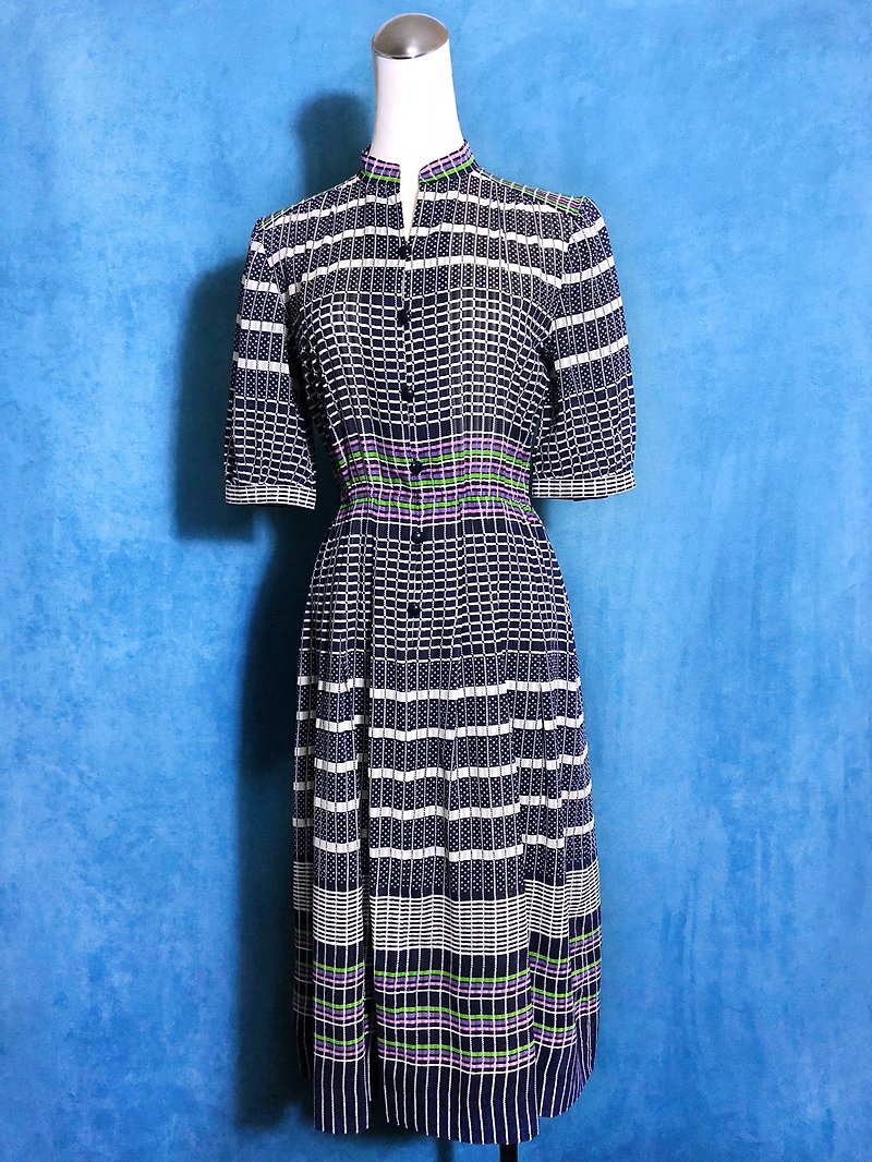 Cotton dot Plaid long-sleeved vintage dress / Bring back VINTAGE abroad - One Piece Dresses - Polyester Blue