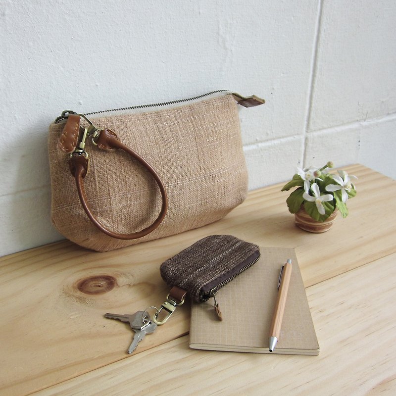 Multi Purpose Pouch with Leather Strap Hand woven and Botanical Dyed Cotton Tan - Toiletry Bags & Pouches - Cotton & Hemp Brown