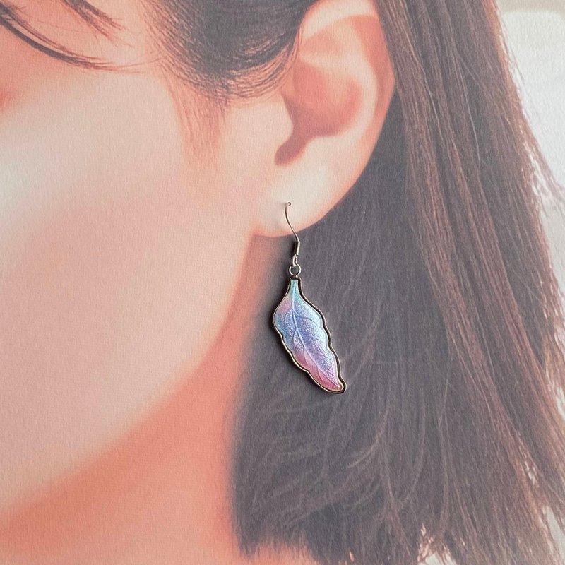 Feather [Auroral] Cloisonne Clip-On, sterling silver cloisonne - ต่างหู - เงิน สึชมพู