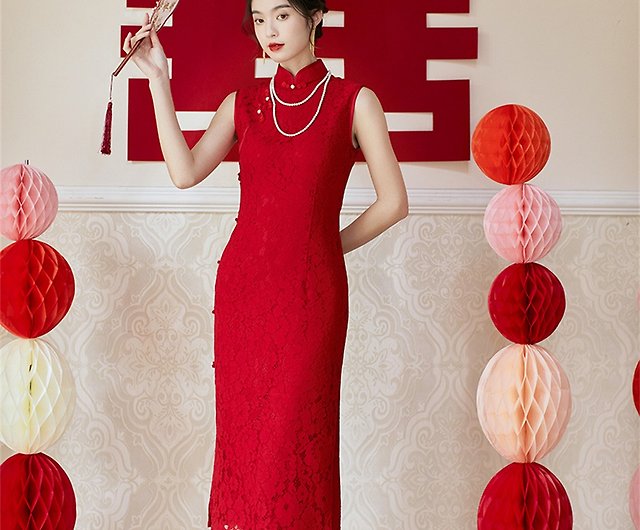 紅色芳華無袖蕾絲盤扣旗袍復古改良中式新娘敬酒服禮服連身裙- 設計館煙