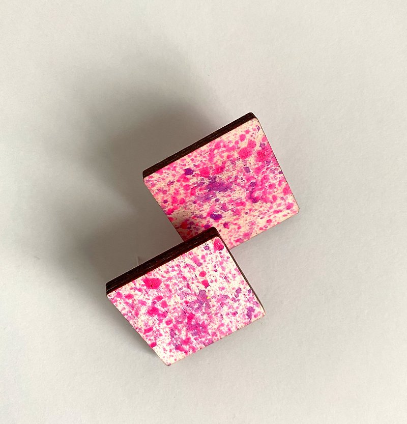 Light Wooden Earrings, square wooden earrings, pink wooden earrings, size 3 cm - Earrings & Clip-ons - Wood Multicolor
