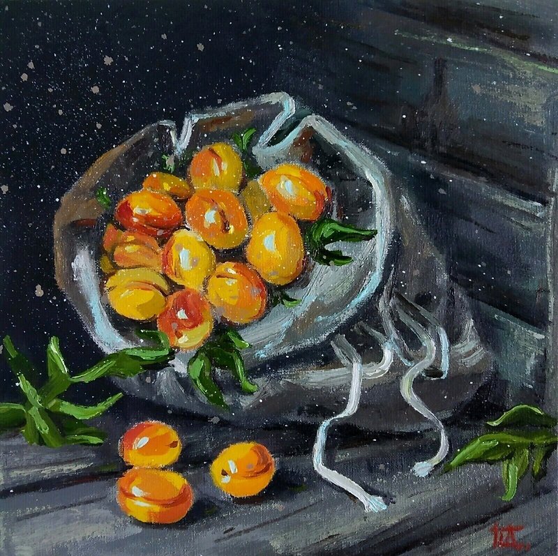 Signed Still Life with Apricots Oil Painting Apricots in a Canvas Pouch - 牆貼/牆身裝飾 - 其他材質 多色