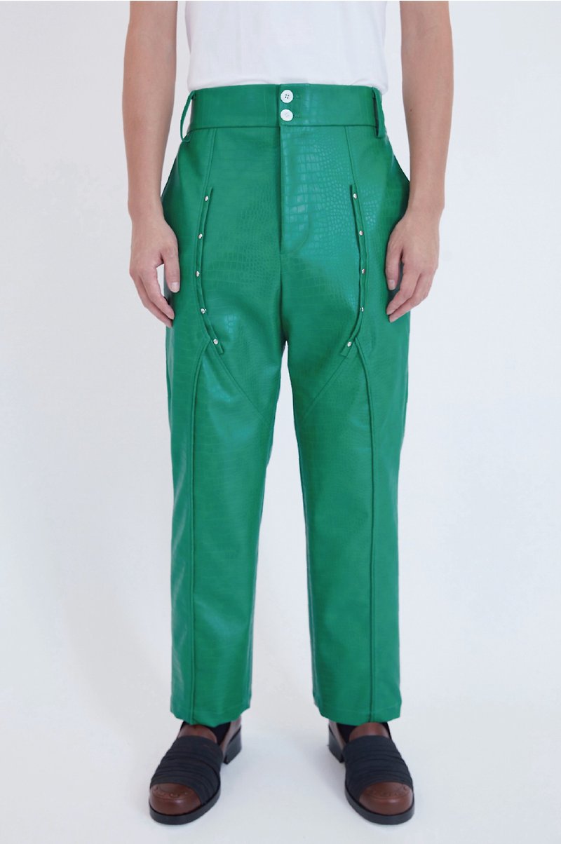 出芽造型高腰褲 - 男長褲/休閒褲 - 人造皮革 綠色