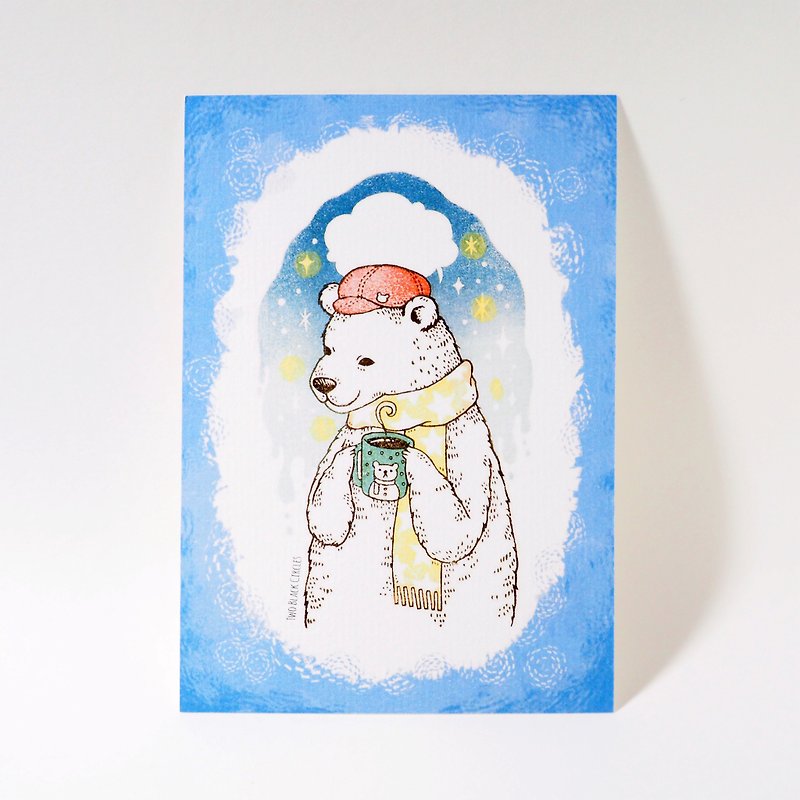 Winter bear drinking hot cocoa/blue border/stamp illustration postcard - Cards & Postcards - Paper 