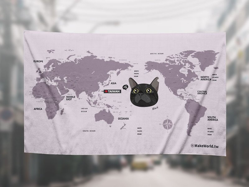 Make World map made cat bath towel (black cat) - ผ้าขนหนู - เส้นใยสังเคราะห์ 
