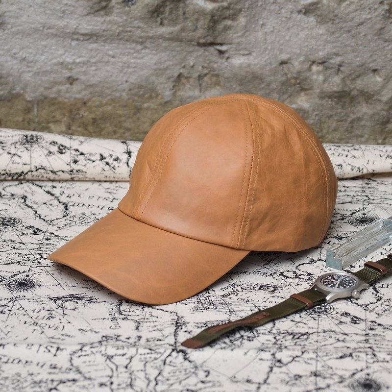 Wax leather baseball cap, waxy cowhide hat, camel old hat, can also be worn in summer - หมวก - หนังแท้ สีส้ม